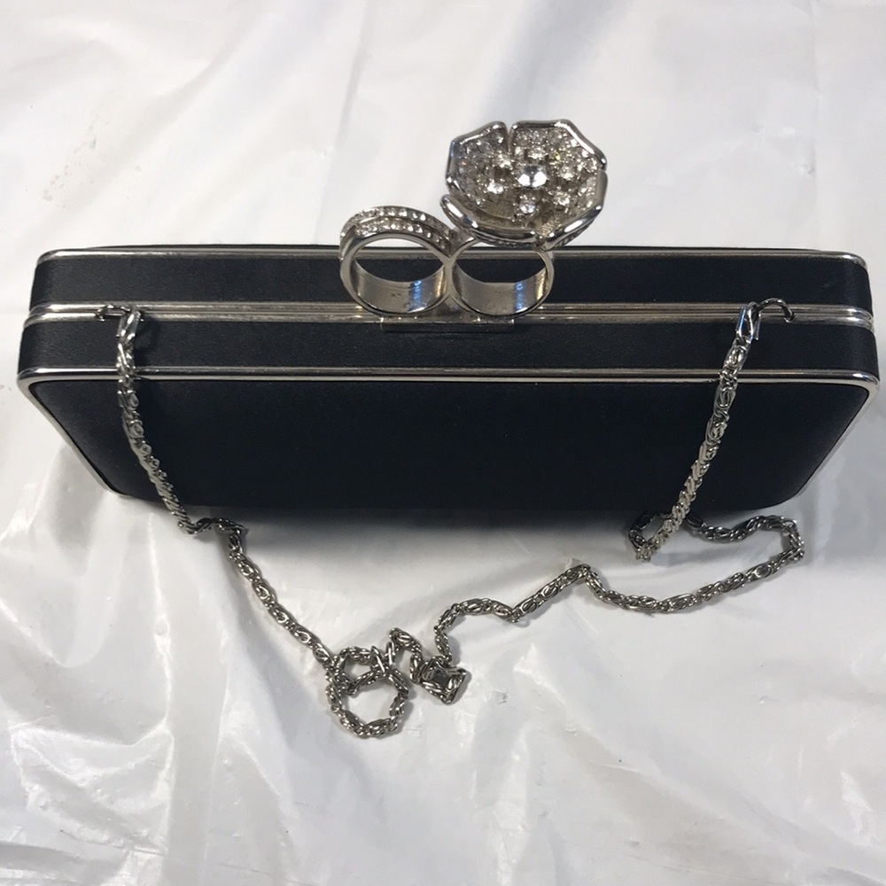 Women’s Black Satin Double Rhinestones Rings Hardshell Party Evening Clutch Bag - Picture 3 of 8